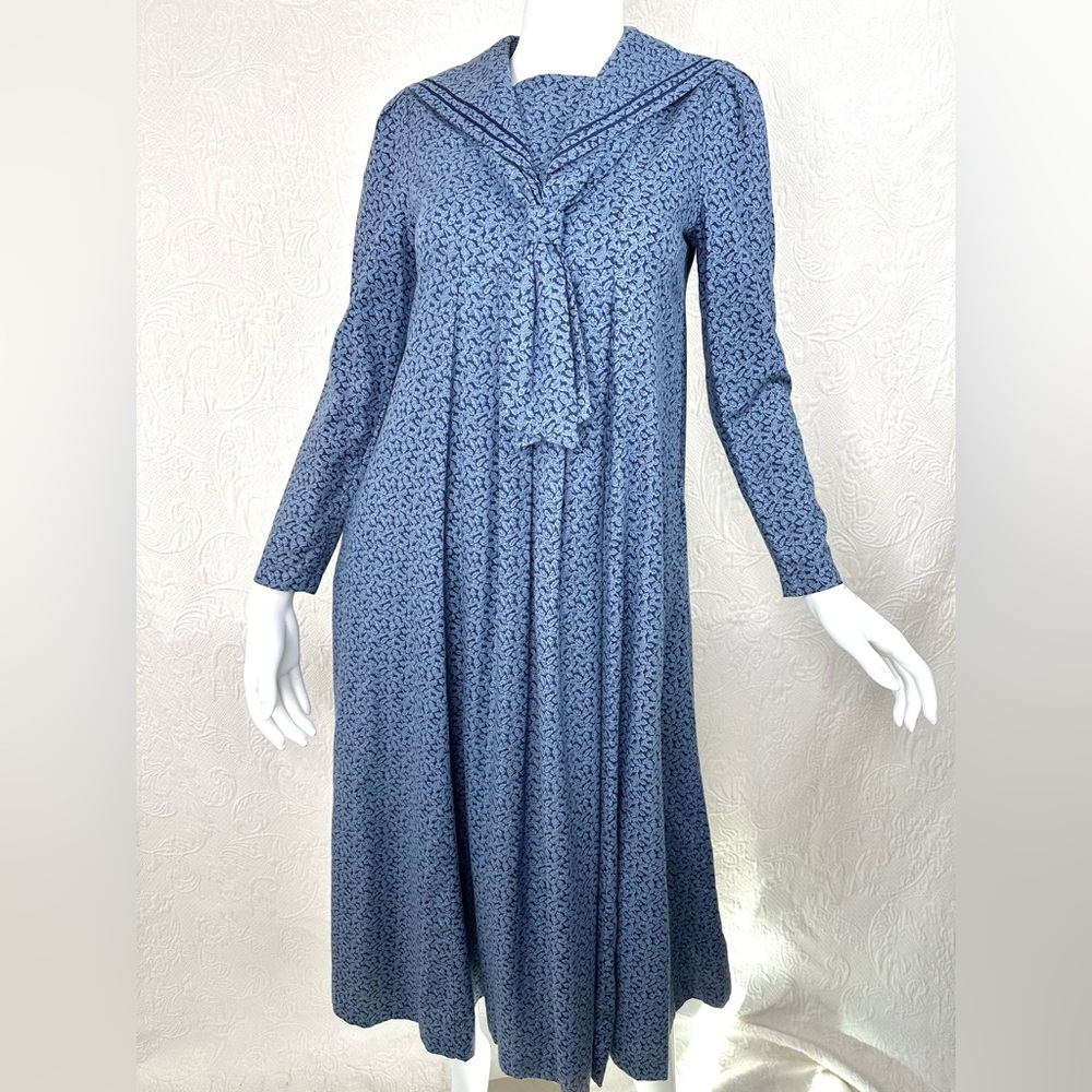 Laura Ashley VTG 80s Cotton Small Leaf Pattern Sailor Style Blue Midi Dress